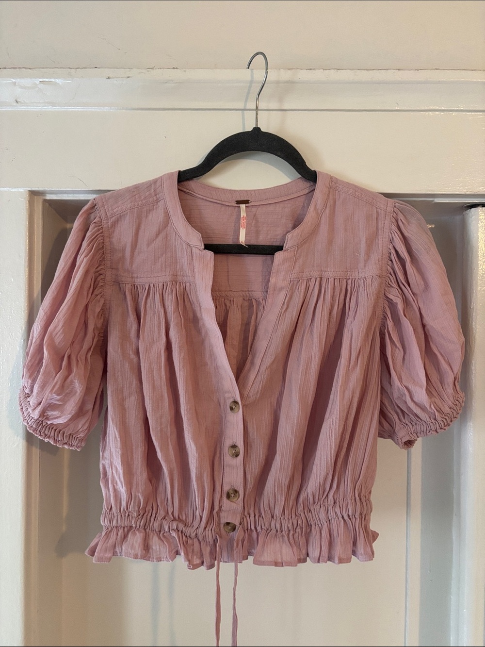 Free People Dusty Pink Puff Sleeve Button-Front Blouse